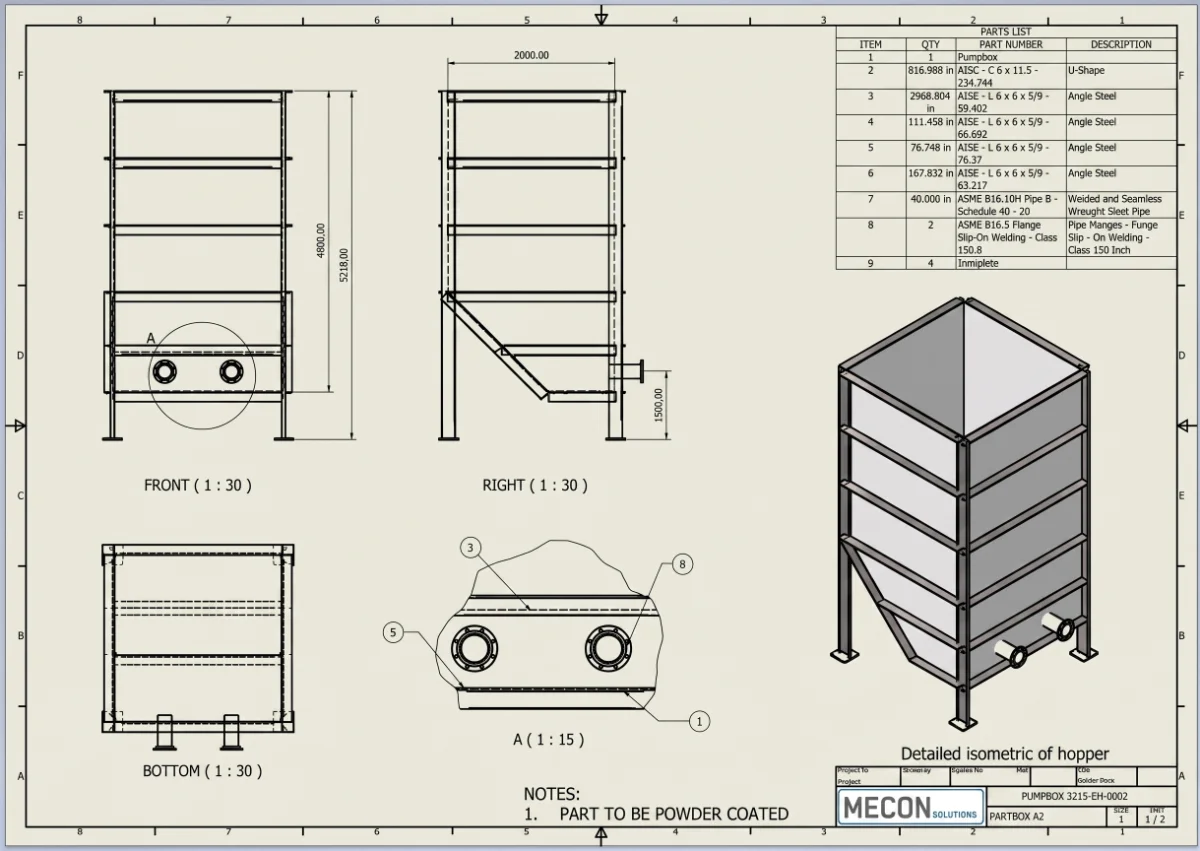 Plano de fabricación de recipiente de paredes planas